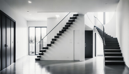 A black and white foyer in a new building with grand glass stairs. Modern design. Generative AI.

