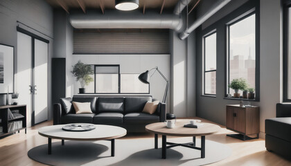 A modern architecture. A living room with a large sofa and modern furniture in shades of gray. Generative AI