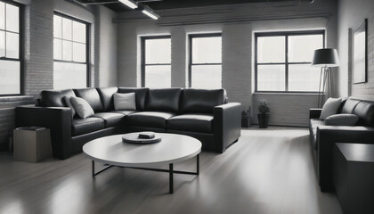 A modern architecture. A living room with a large sofa and modern furniture in shades of gray. Generative AI