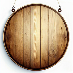 Fototapeta premium Hanging round wooden empty board on white background, Generative AI