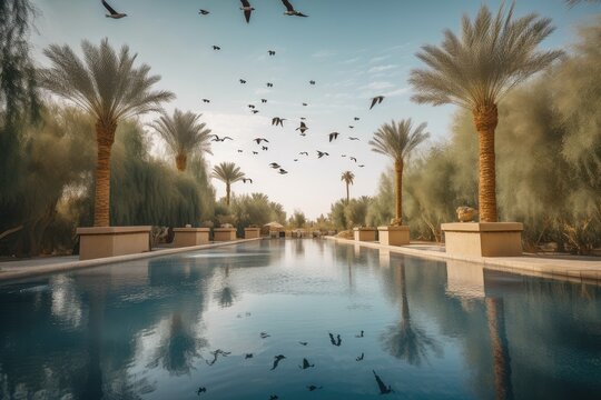 Desert Mirage Of Shimmering Pool, With Palm Trees And Birds Flying Overhead, Created With Generative Ai