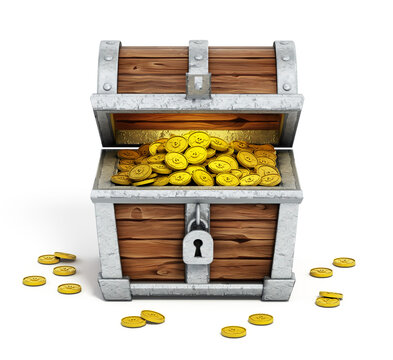 Cartoon treasure chest full of gold coins isolated on white background. 3D illustration