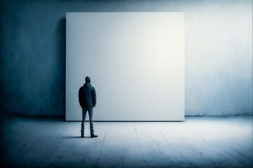 Homme debout face à un tableau blanc sur un mur blanc - Générative IA
