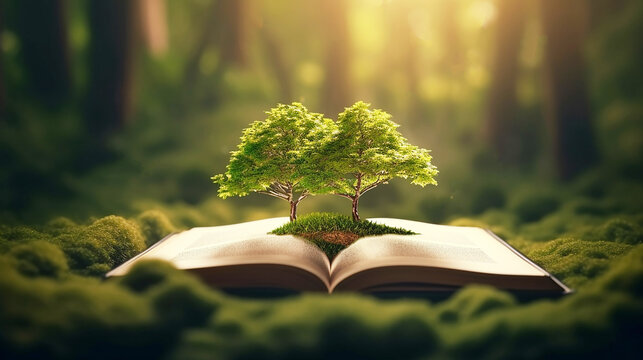 Concept : image with green tree growing from book, Book or tree of knowledge concept with tree growing from an old open book, Generative AI 