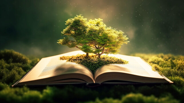 Concept : image with green tree growing from book, Book or tree of knowledge concept with tree growing from an old open book, Generative AI 