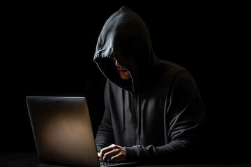 Hacker working on laptop. Anonymous hooded hacker breaking into data servers in a hideout place with dark face and atmosphere. Security, cyber computer crime and safer internet concept. Generative AI