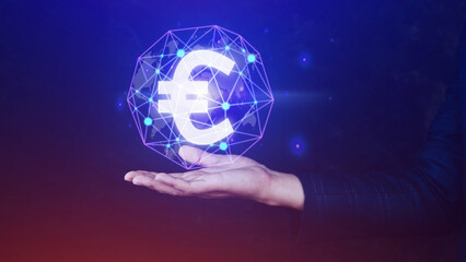 Businessman hands holding with Euro sign on global online networking virtual screen, Online banking currencies exchange financial concept.
