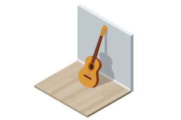 Isometric Classical Acoustic Six-String Guitar Isolated on White Background. The guitar stands near the wall