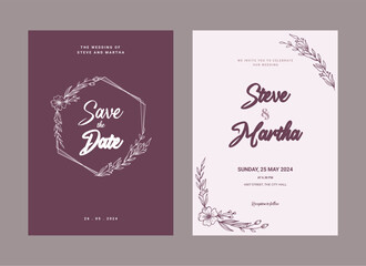 Floral wedding invitation template with organic hand drawn leaves and flowers decoration