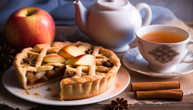 Homemade apple pie with a cap of tea. Wooden board with delicious apple pie on table. AI Generated.