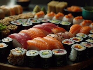 Assorted sushi rolls  and nigiri plate.