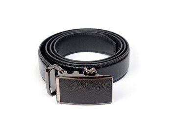 Men's black leather trouser belt with metal clasp.