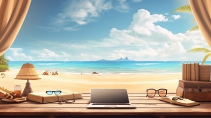 Obraz premium Desktastic Escapes: Free Space and Summer Beach Landscape Inspire Productivity Generative Ai