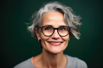 Cheerful Woman Wearing Eyeglasses, Jewelry on Green Background. Photo generative AI