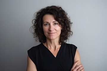 Obraz premium Smiling brunette woman, mid-aged, curly hair, arms crossed, grey background. Photo generative AI