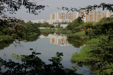 Obraz premium Lake in the shadow of urban growth