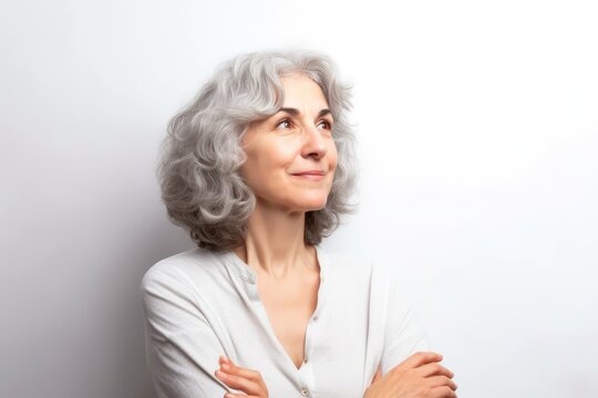 Thinking Woman Posing White Hair, White Background. Photo generative AI