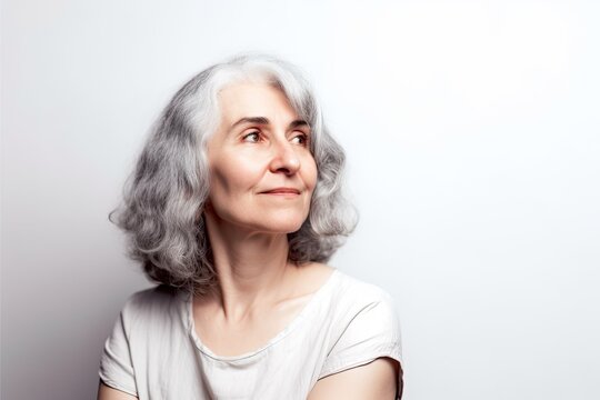 Thinking Woman Posing White Hair, White Background. Photo generative AI