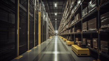 Obraz premium Revolutionary Smart Warehouse Solutions: Cutting-Edge Automation, Robotics, and AI-Driven Technologies Streamlining Logistics and Distribution - High-Quality Stock Image for Industry Professionals