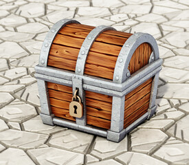 Cartoon treasure chest standing on stone floor. 3D illustration