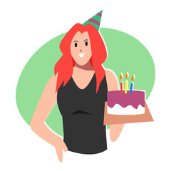 Obraz premium female cartoon character in party hat holding birthday cake. concept of celebration, birthday, party. for greeting card, print, poster, sticker. flat vector illustration.