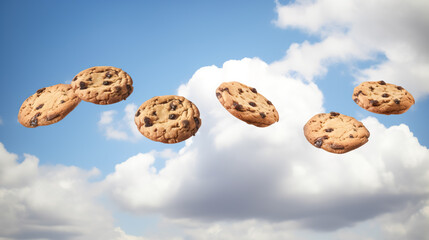 Fototapeta na wymiar Chocolate chip cookies flying in the blue sky with white clouds. Generative AI