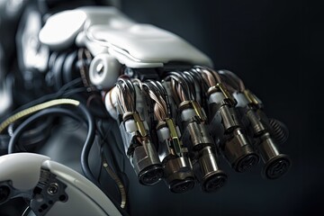 Plakat close-up of robot hand, with wires and cables visible, performing precise movements, created with generative ai