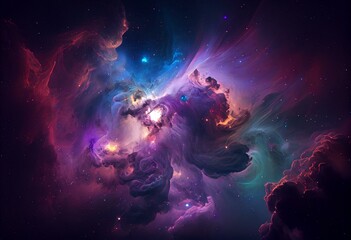 Obraz na płótnie Canvas Colorful dark blue and purple nebulae in space. AI technology generated image. Generative AI