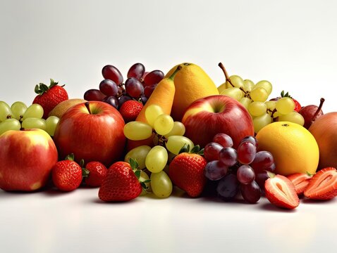 White background filled with various fruits including apples and oranges  and grapes.