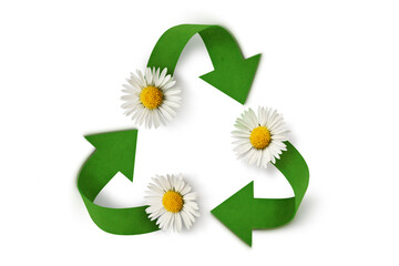 Recycling symbol with daisy on white background - Concept of ecology and recycling