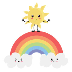 Typographic design with cute background of sun and rainbow and clouds in kawaii style for greeting card, poster and banner. Vector illustration