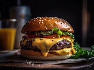 Title: Closeup of Juicy Burger with Melted Cheese
