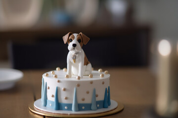 photo of a birthday cake with a cute baby dog figurine