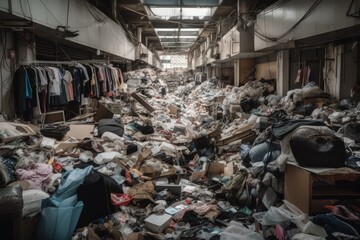 fast-fashion store, filled with discarded clothing and other textiles in chaotic pile, created with generative ai