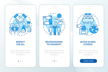 GCED goals blue onboarding mobile app screen. Sustainable development walkthrough 3 steps editable graphic instructions with linear concepts. UI, UX, GUI template. Myriad Pro-Bold, Regular fonts used