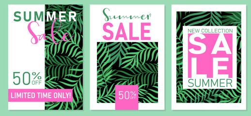 Modern vertical summer sale banners, posters or cards with tropical palm leaves in minimalist style. Season promotion. Vector illustration