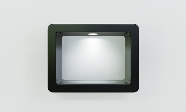Empty black rounded rectangular shelf or niche on white wall with led spotlight 3D mockup. Shop, gallery plastic or wooden showcase to present product. Blank retail storage space. Interior bookshelf