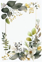 Beautiful Watercolor floral frame with green leaves and gold elements. Generative AI