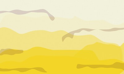 Landscape with yellow, calm misty silhouettes of mountains