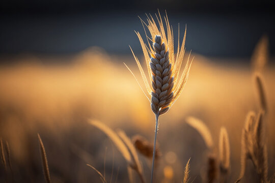 Tallo de trigo de cerda en campo de trigo al atardecer. Generative ai.