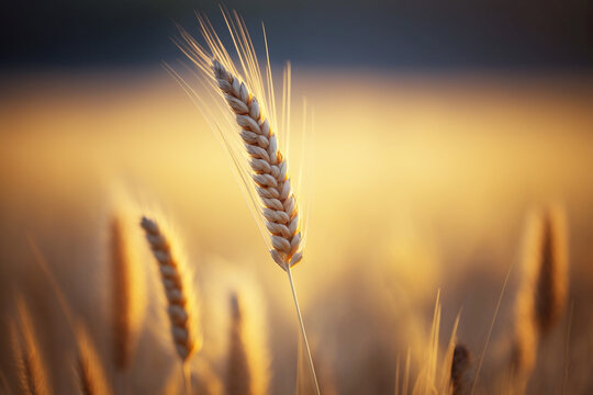 Tallo de trigo de cerda en campo de trigo al atardecer. Generative ai.