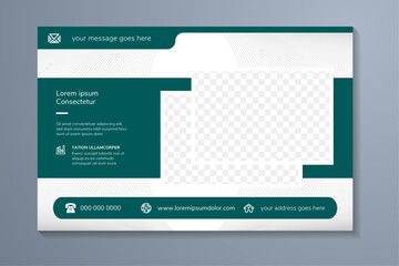 dummy text as example of headline Banner Design. Horizontal web page presentation with space for photo and text. green element. transparency curve line pattern in white background. infographic icon.