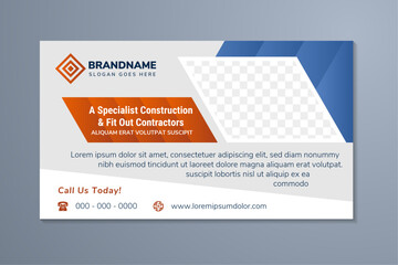 A specialist construction and fit out contractors headline of header and Banner Design. Horizontal banners with space for photo and text. blue and orange gradient colors element. grey background