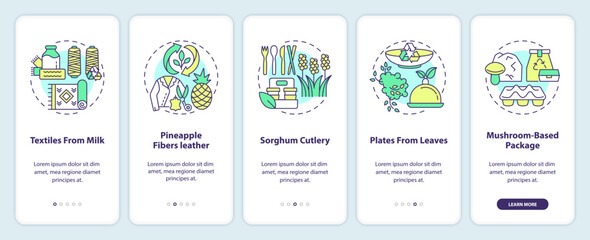 Bio based materials examples onboarding mobile app screen. Walkthrough 5 steps editable graphic instructions with linear concepts. UI, UX, GUI template. Myriad Pro-Bold, Regular fonts used