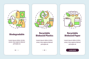 Bio based materials onboarding mobile app screen. Recyclable products walkthrough 3 steps editable graphic instructions with linear concepts. UI, UX, GUI template. Myriad Pro-Bold, Regular fonts used