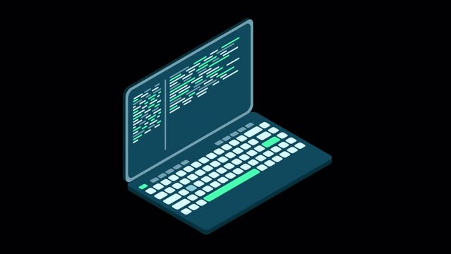 Isometric laptop with coding. Programming concept. Digital learning. Laptop with programming code. Laptop screen. Transparent background with alpha channel
