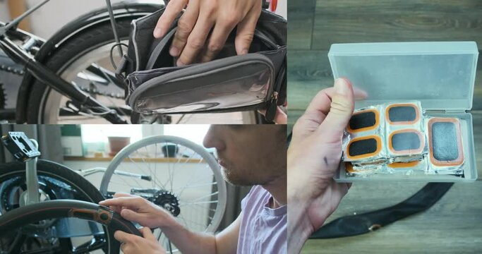 Bicycle deflated chamber repair, repair kit with patches, collage. Cyclist inspects the broken chamber, puts the repair kit in the bike bag.