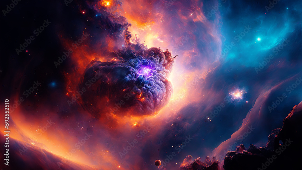 Poster large panoramic view of a colorful dark blue nebula in space. cosmic background with bright shining 