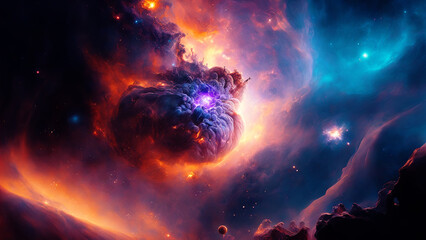 Fototapeta na wymiar Large panoramic view of a colorful dark blue nebula in space. Cosmic background with bright shining stars, galaxies and deep universe. Generative ai