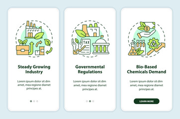 Bio based materials future onboarding mobile app screen. Bioeconomics walkthrough 3 steps editable graphic instructions with linear concepts. UI, UX, GUI template. Myriad Pro-Bold, Regular fonts used